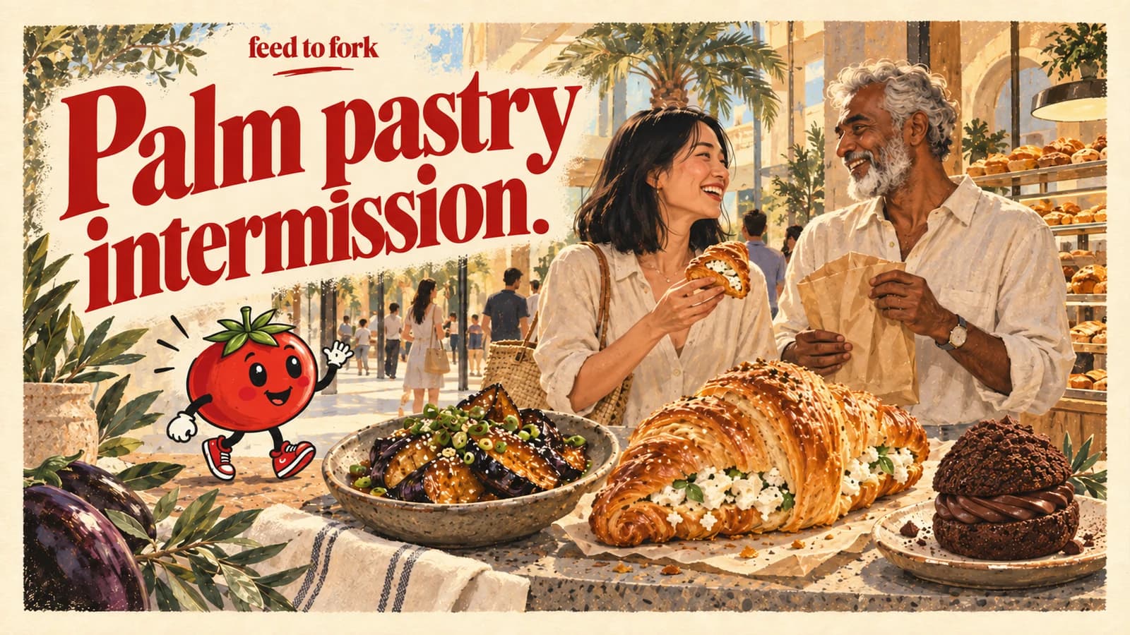 Editorial illustration · Palm Jumeirah Mall: miso aubergine, croissant and choux