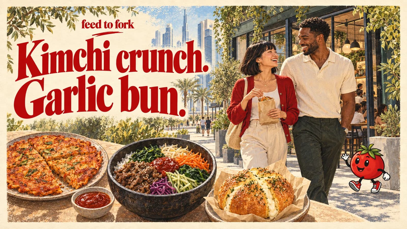 Editorial illustration · JLT to The Greens: kimchi pancake, bibimbap and garlic bun