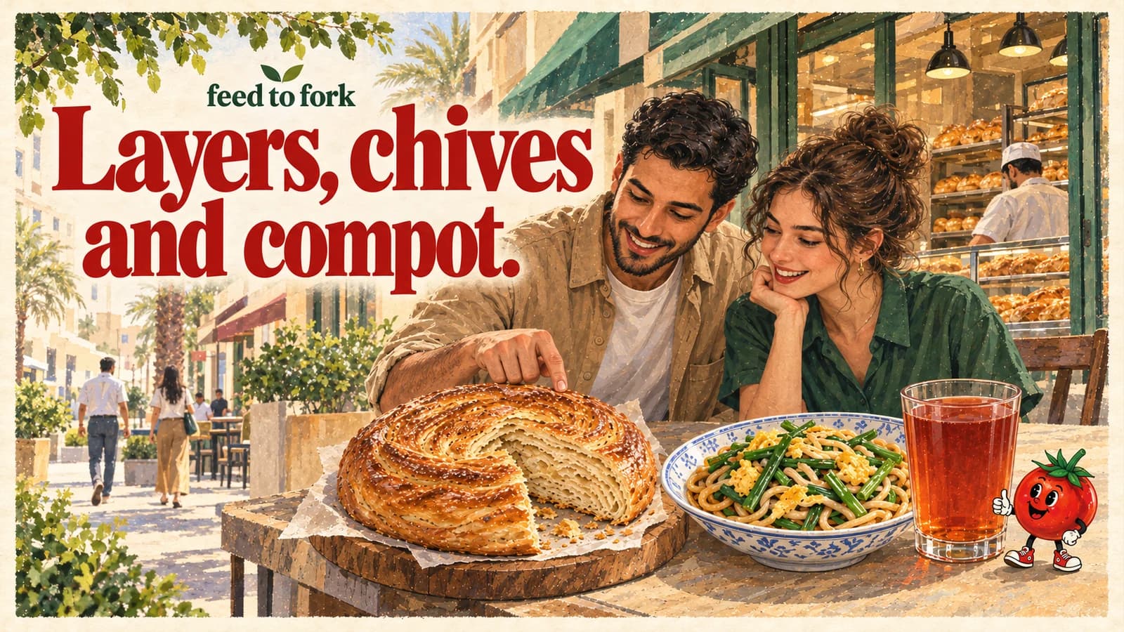 Editorial illustration · Al Barsha: Uzbek bread, chive noodles and compot
