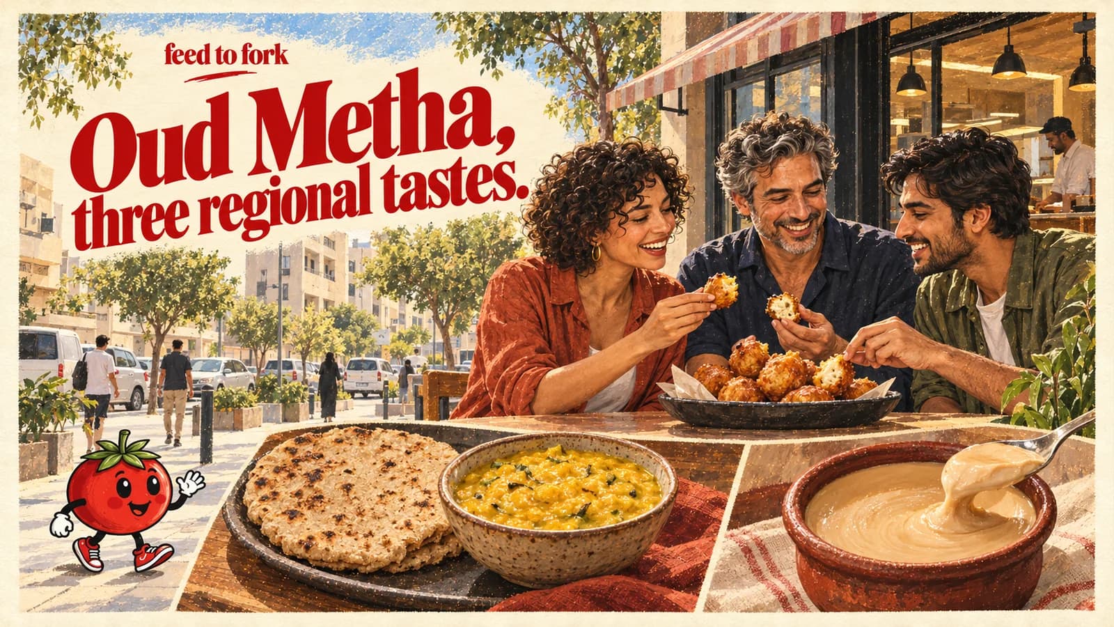 Editorial illustration · Oud Metha: goli baje, pithla bhakri and sweet yogurt