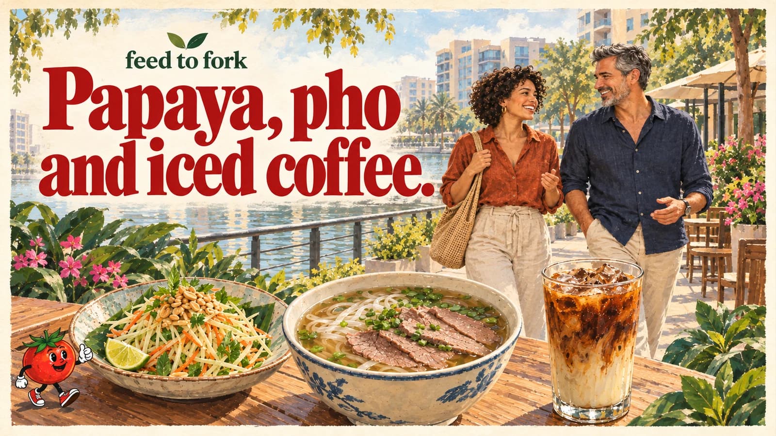 Editorial illustration · JLT: papaya salad, brisket pho and Vietnamese coffee