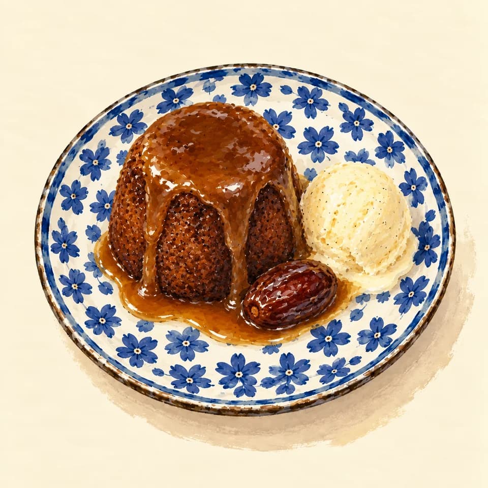 Editorial illustration of Sticky date pudding