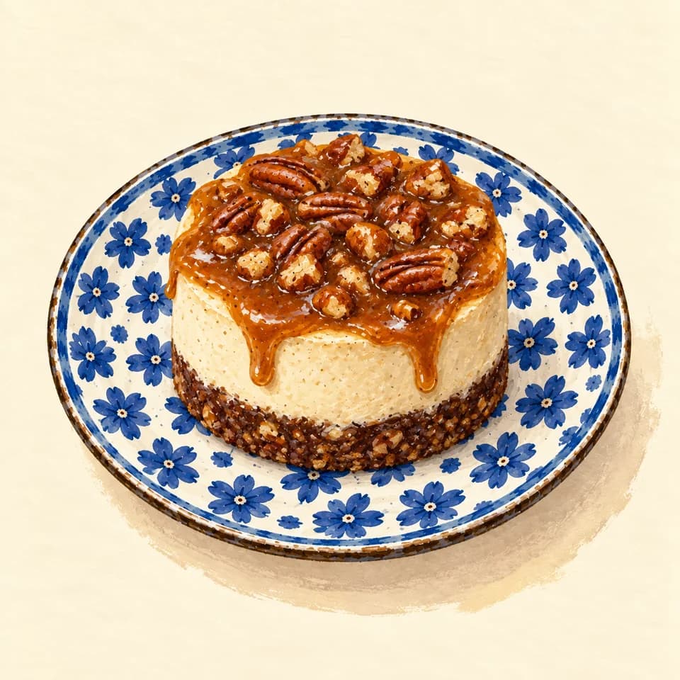 Editorial illustration of Caramel pecan cheesecake