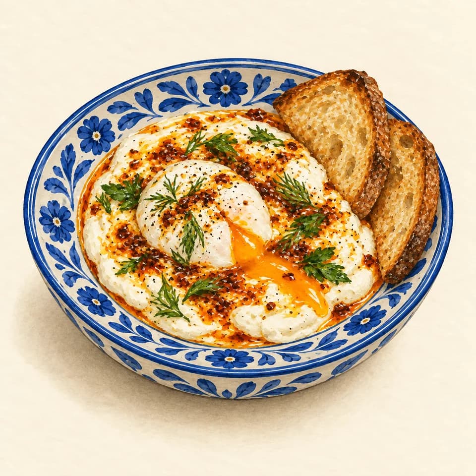 Editorial illustration of Turkish Eggs