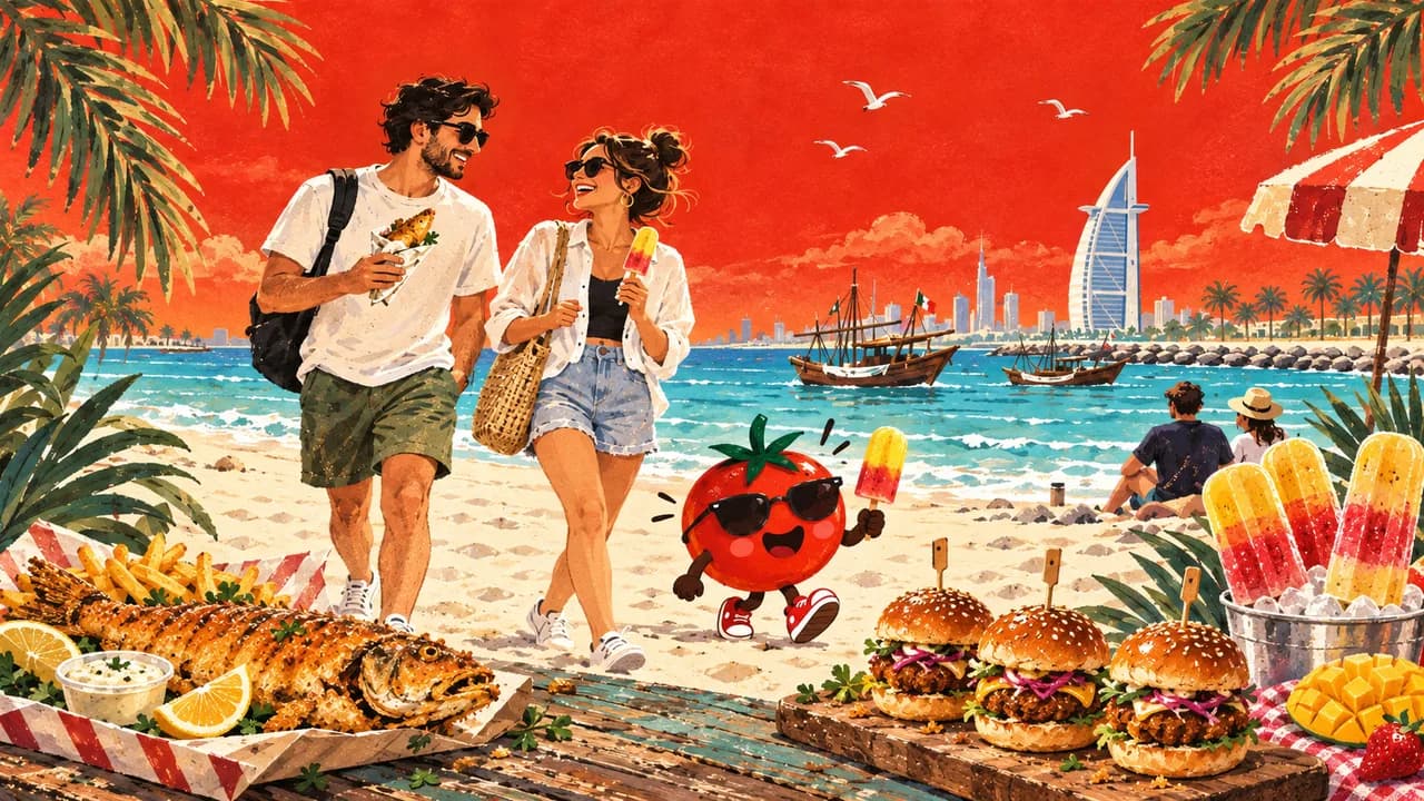 رسم توضيحي · سمك الميناء وسلايدر كايت بيتش ومثلجات