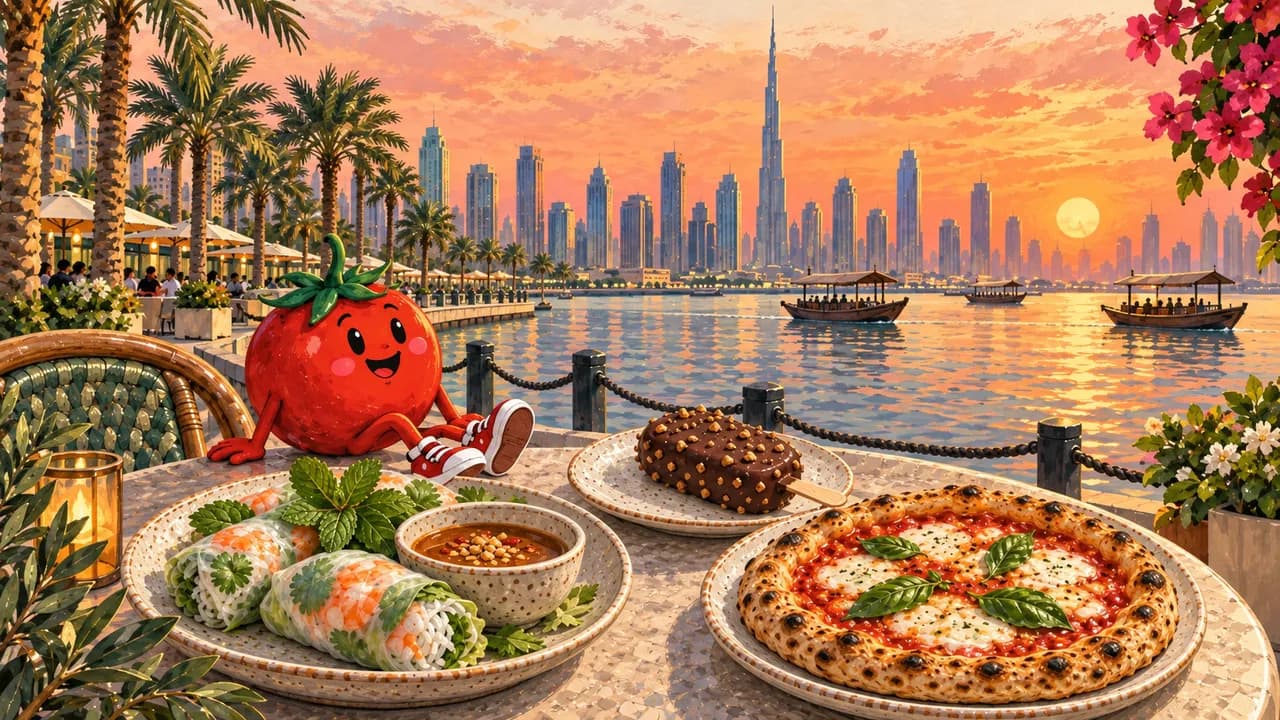 رسم توضيحي · كريك هاربور: لفائف ورق الأرز وبيتزا وآيس كريم