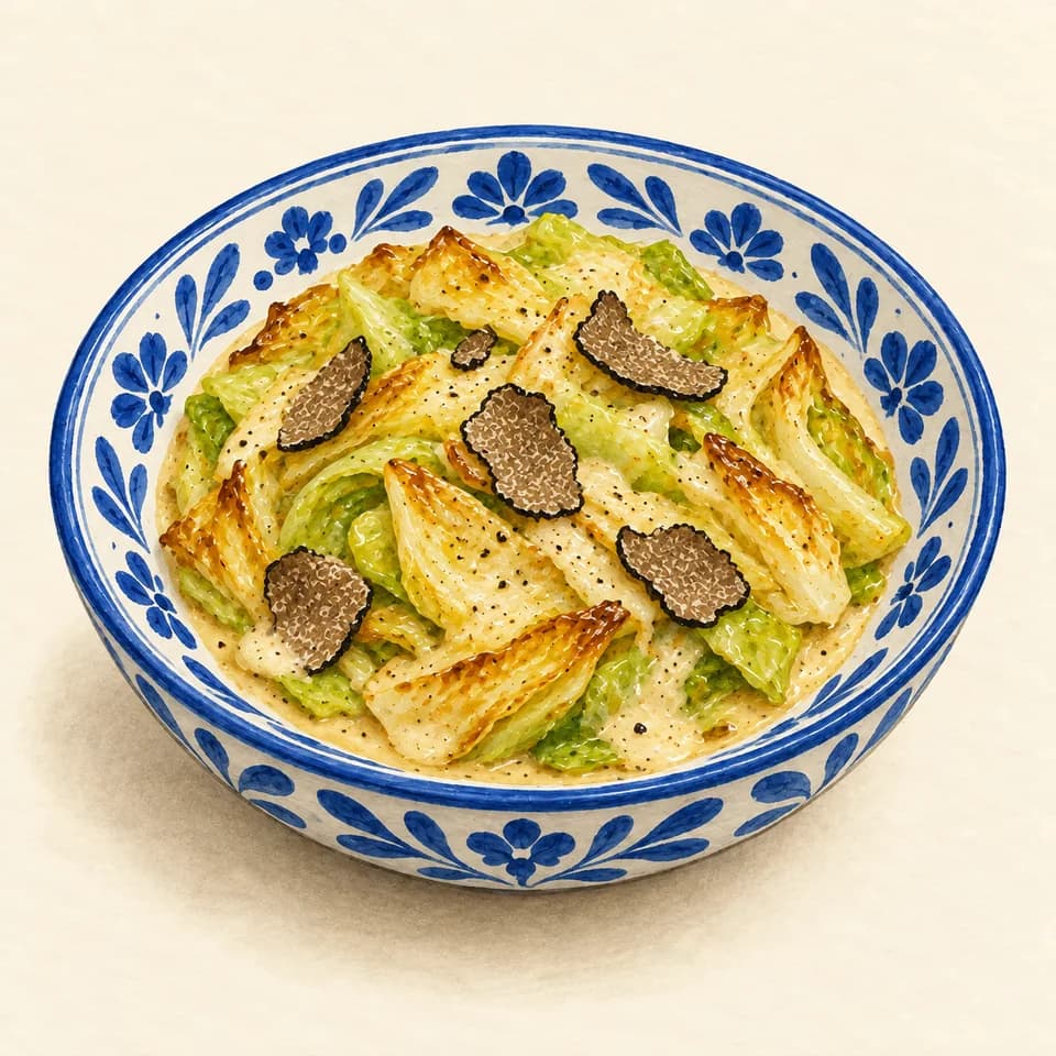 Editorial illustration of Young cabbage with black truffle