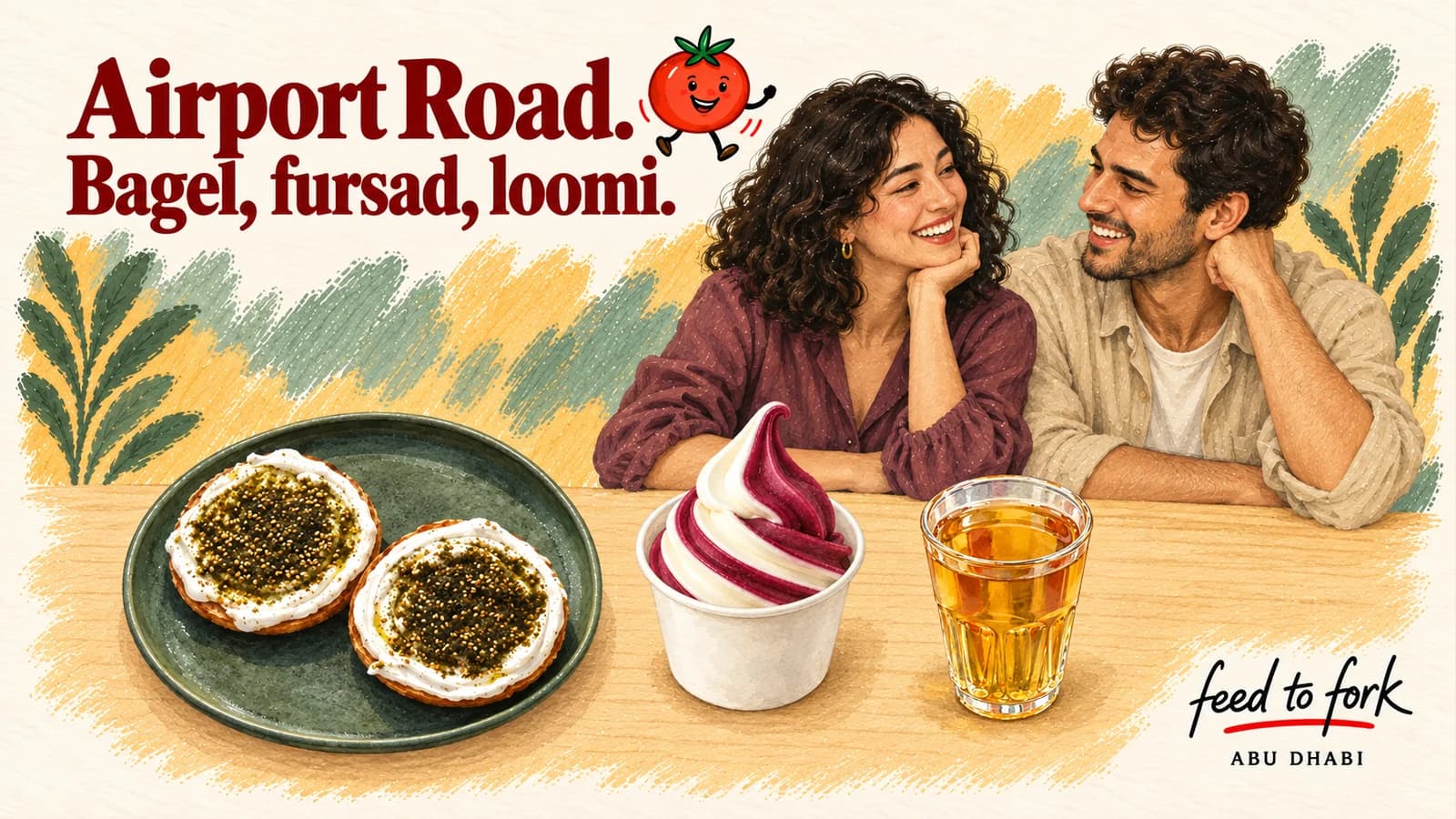 رسم توضيحي · شارع المطار: بيغل بالزعتر وآيس كريم فرصاد وشاي لومي