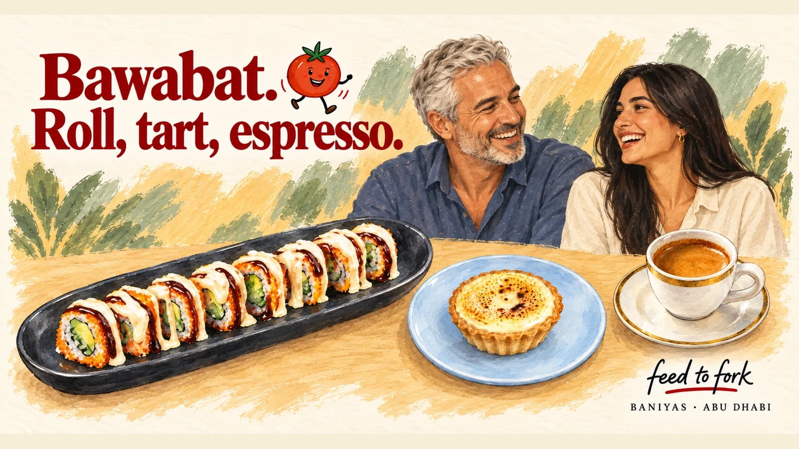 Editorial illustration · Bawabat Al Sharq: California roll, cheese tart and espresso
