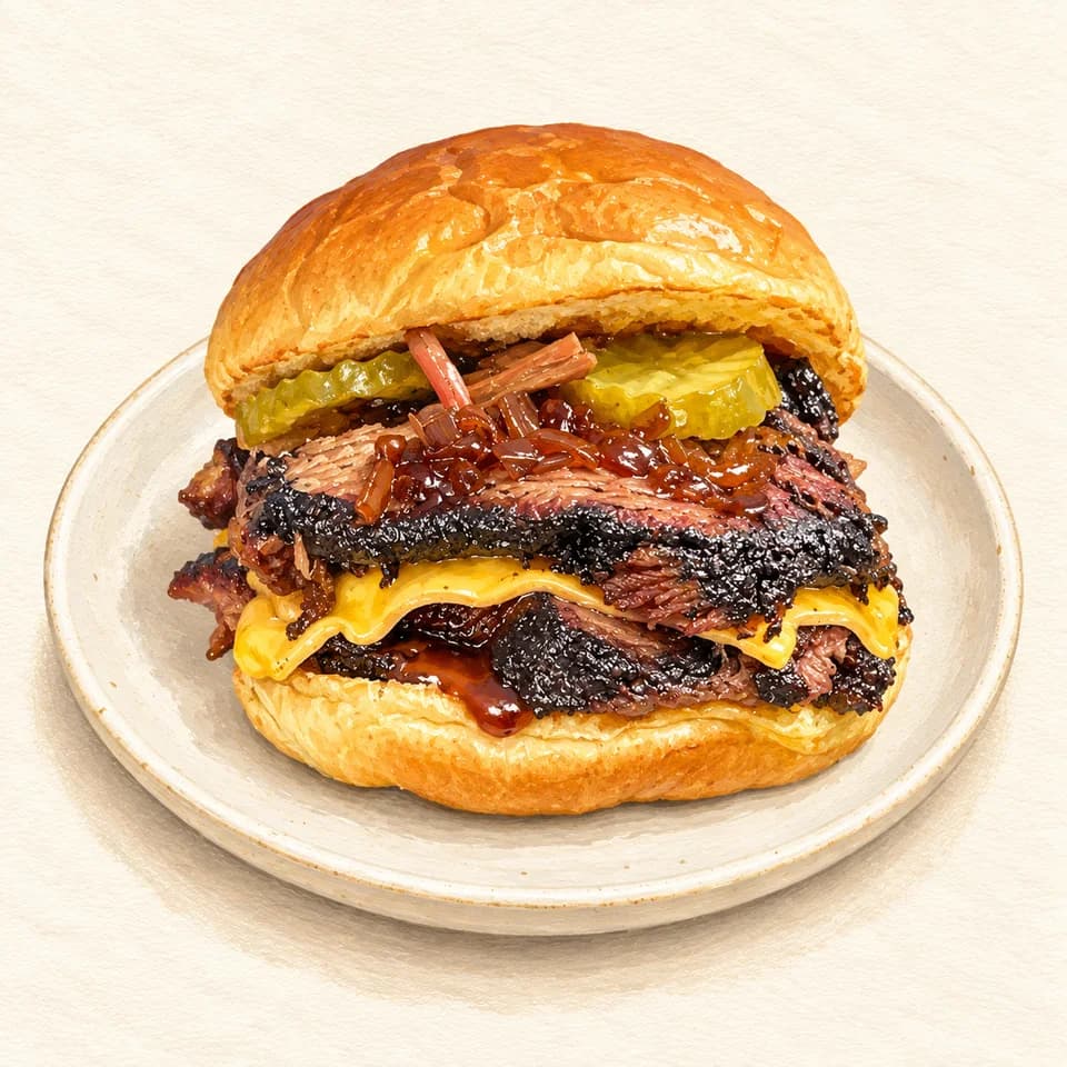 رسم توضيحي لطبق برغر البريسكت في 3B. Burger Brisket & Beyond