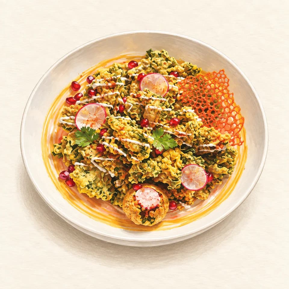 Editorial illustration of Crispy Kale Chaat at India Palace