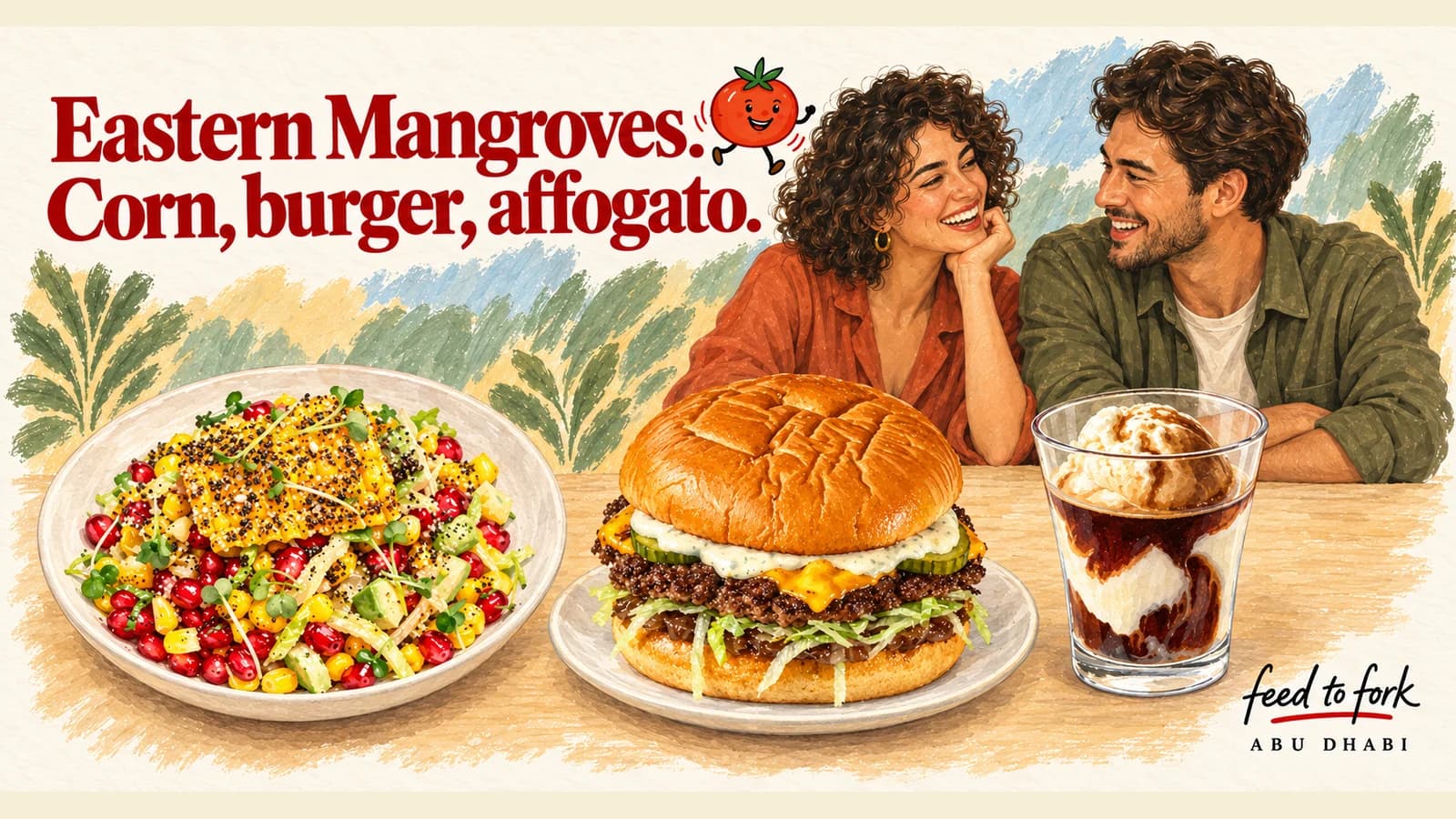 Editorial illustration · Eastern Mangroves: charred corn, Wagyu burger and affogato