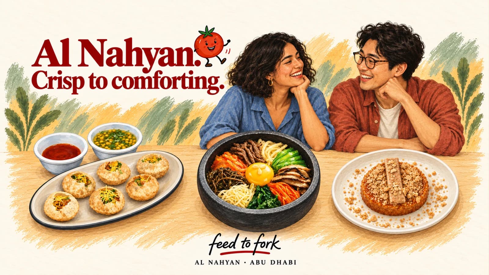 Editorial illustration · Al Nahyan: crisp puri, bibimbap and Asida