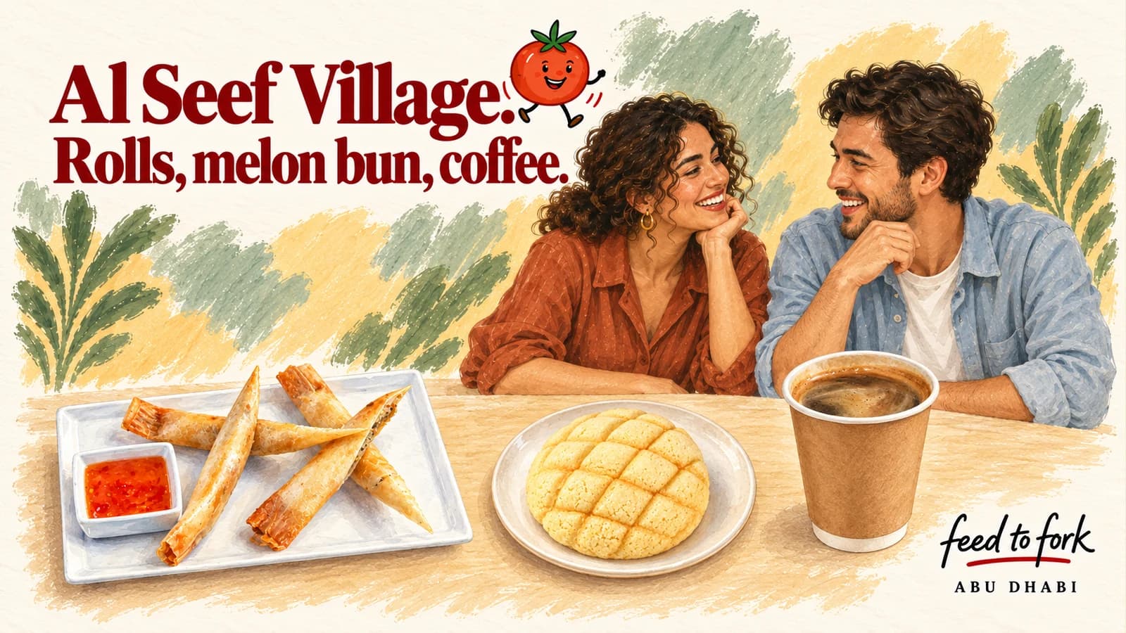 رسم توضيحي · قرية السيف: سبرينغ رولز وخبز ميلون وقهوة