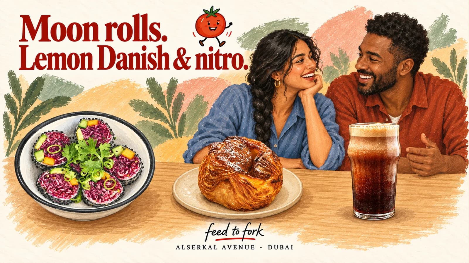 Editorial illustration · Alserkal: fresh rolls, lemon Danish and nitro coffee
