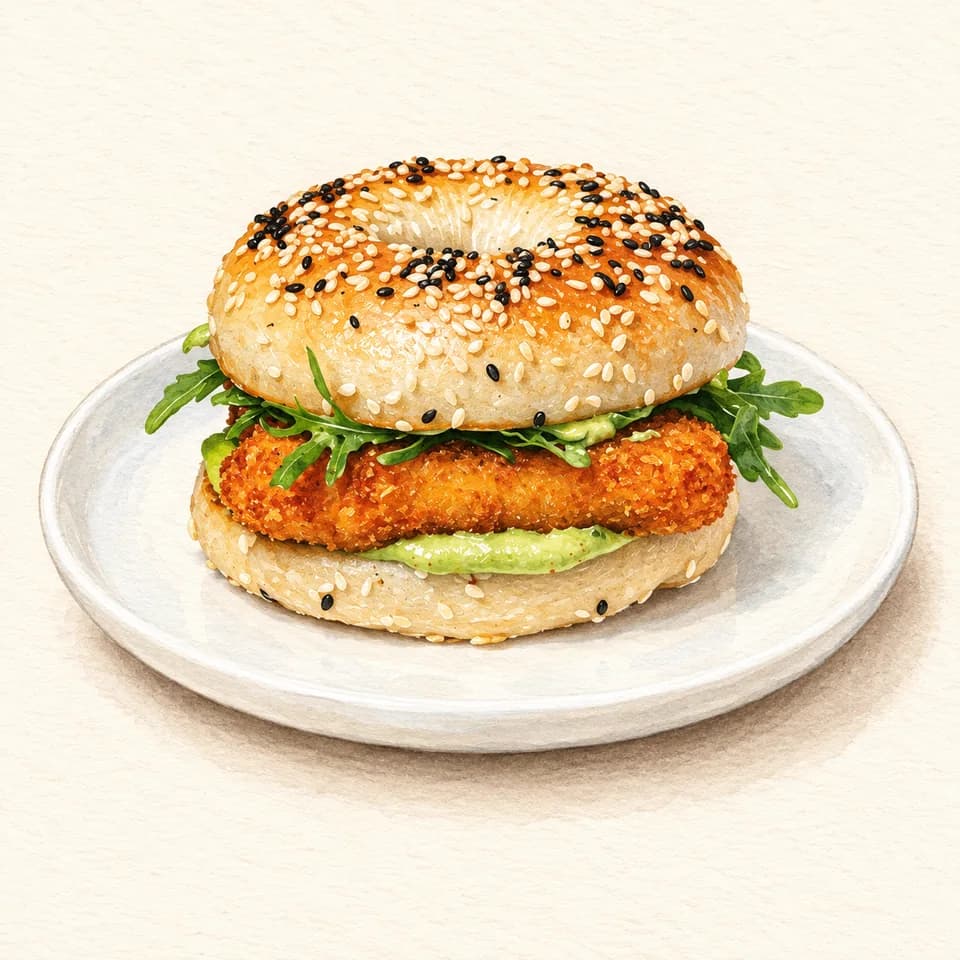 Editorial illustration of Halloumi and Pesto Bagel at Around The Block