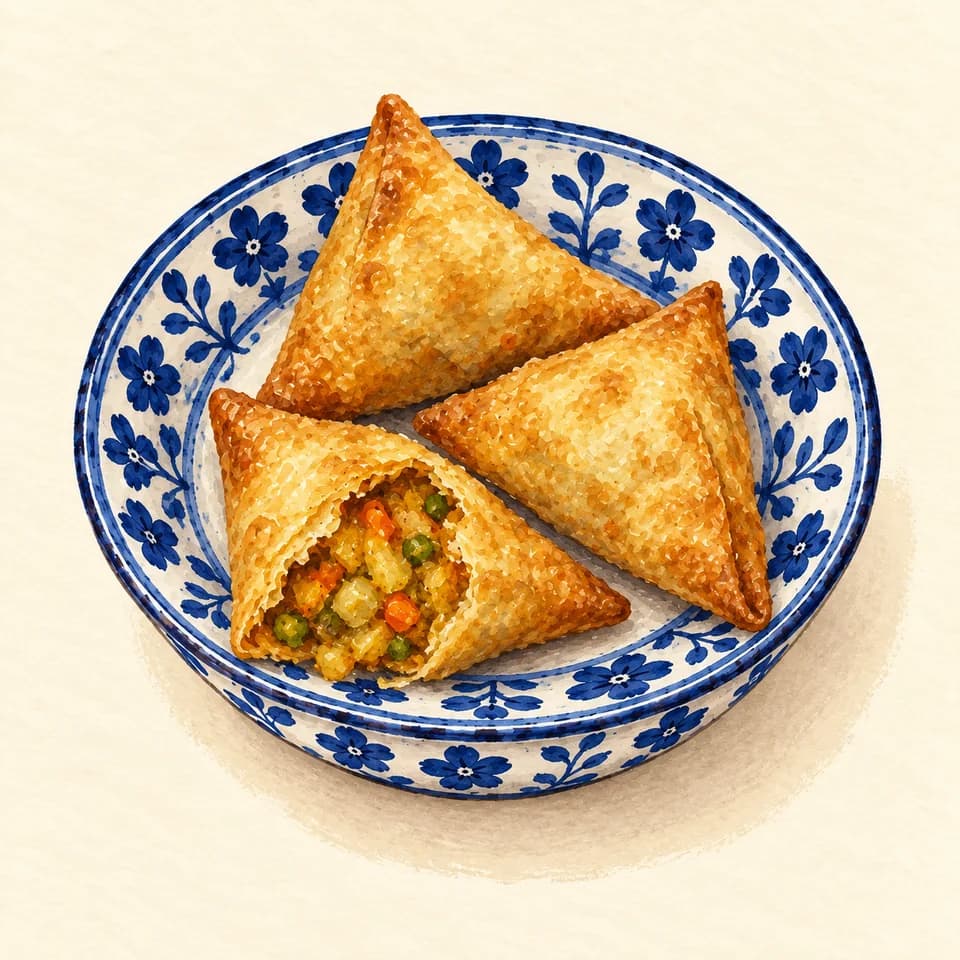 Editorial illustration of Emirati vegetable sambosa at Arabian Tea House