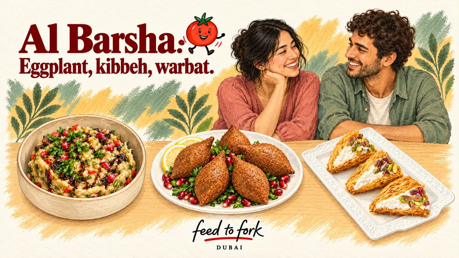 Editorial illustration · Al Barsha: Eggplant, Kibbeh & Warbat