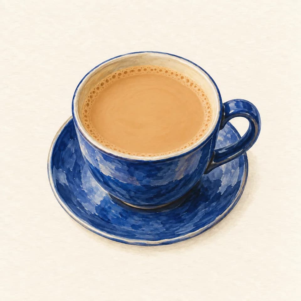 رسم تحريري لطبق كرك بالزعفران في Chai & Co.؛ ليس صورة فوتوغرافية للمكان