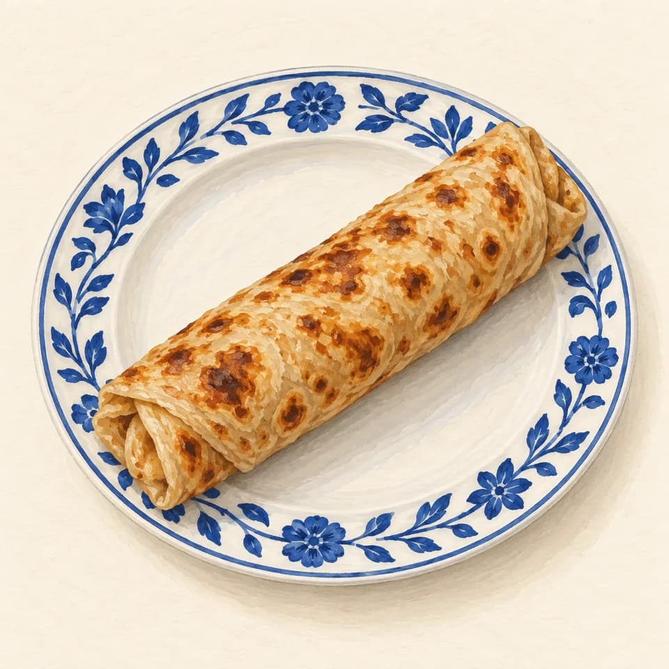 رسم تحريري لطبق لفافة براتا بكباب شامي في Chandni Chowk Cafe