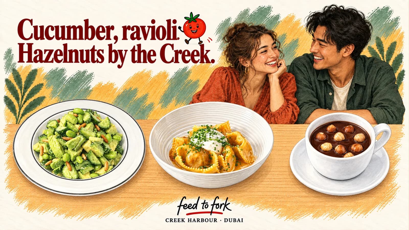 Editorial illustration · Creek Harbour: cucumber, duck ravioli and hazelnut chocolate