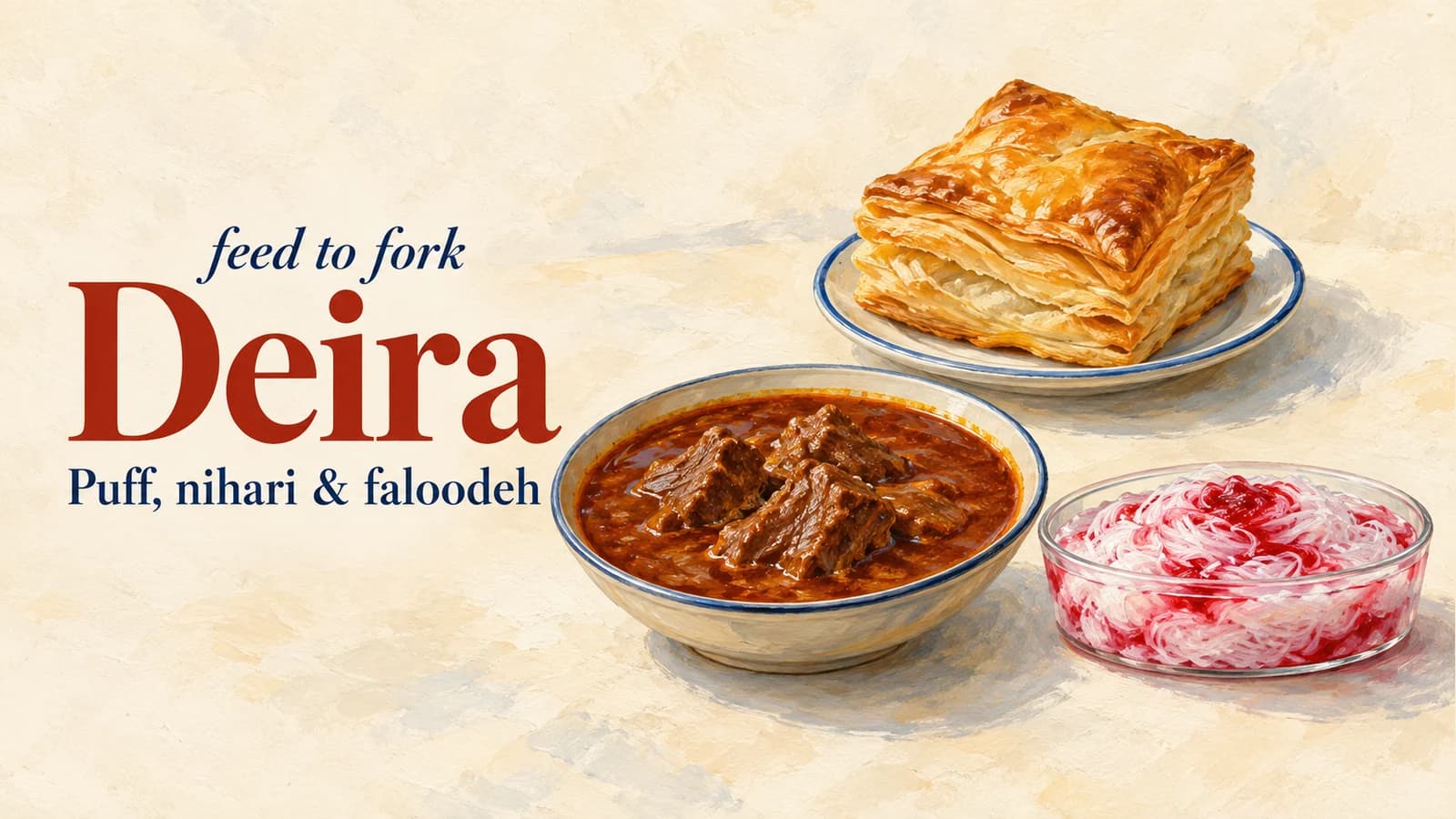 Editorial illustration · Deira: egg puff, beef nihari and Iranian faloodeh