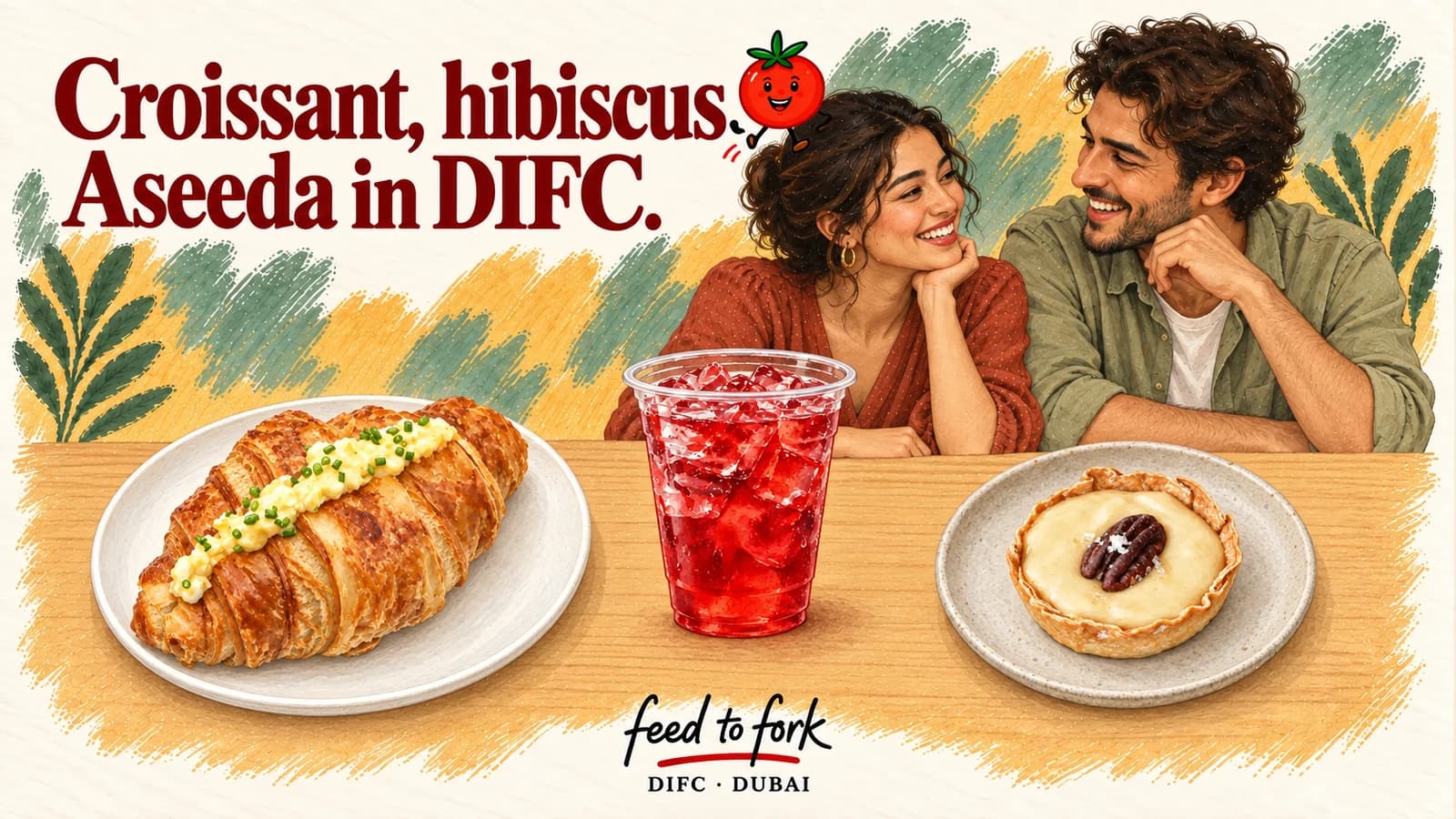 Editorial illustration · DIFC: egg croissant, hibiscus and aseeda bites