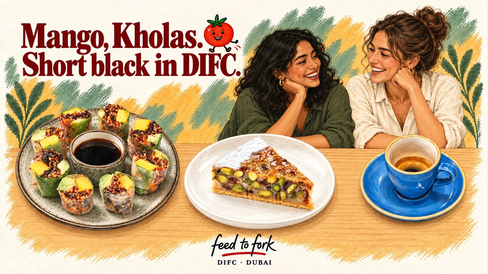 Editorial illustration · DIFC: mango rolls, Kholas pie and short black