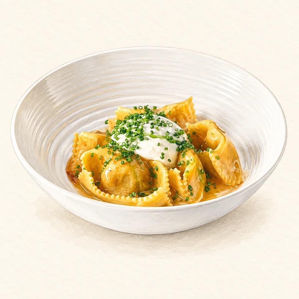 Editorial illustration of Duck Ravioli with Parmesan Mousse at DUO Gastrobar