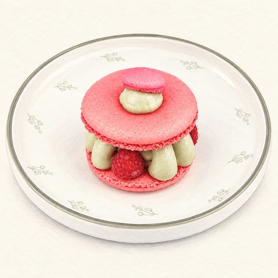 Editorial illustration of Pistachio & Raspberry Macaroon at EL&N London