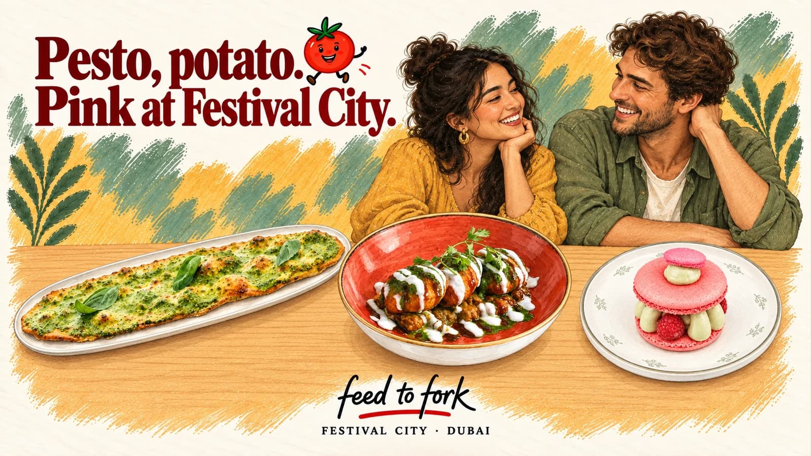 Editorial illustration · Festival City: pesto crunch, potato chaat and pink macaron