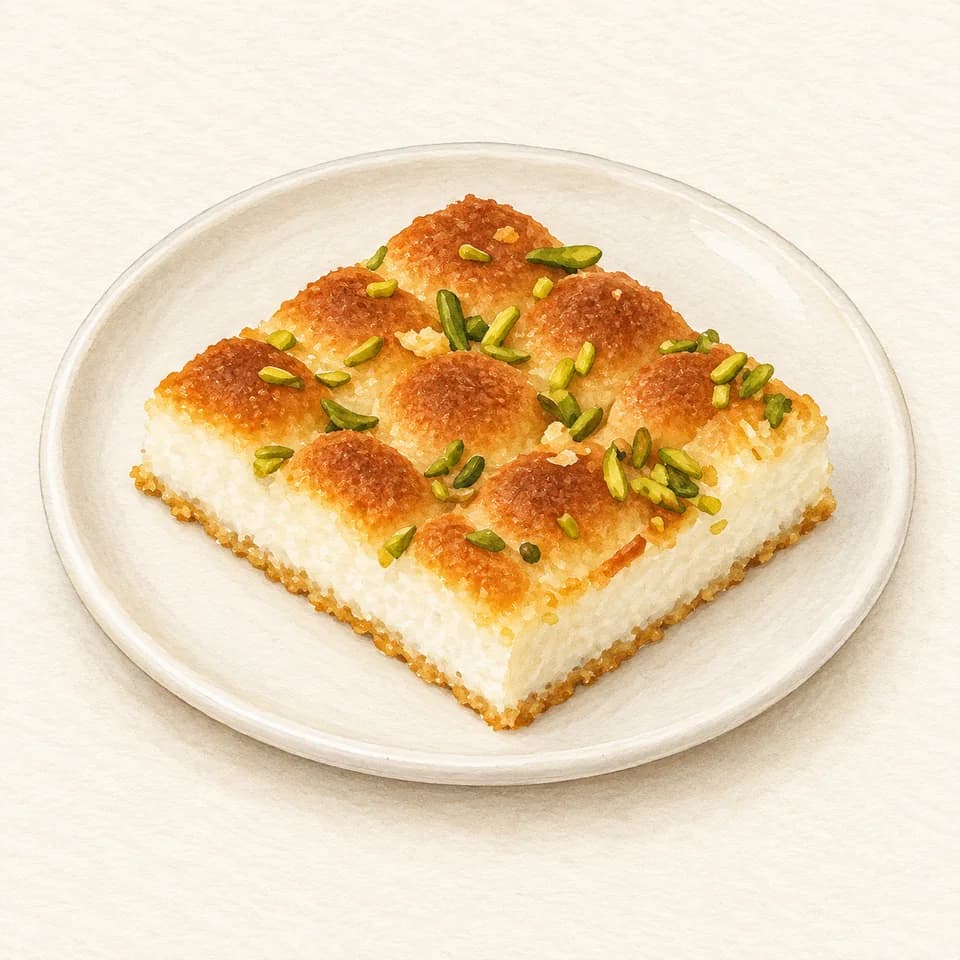رسم توضيحي لطبق بسبوسة بالقشطة في Firas Sweets