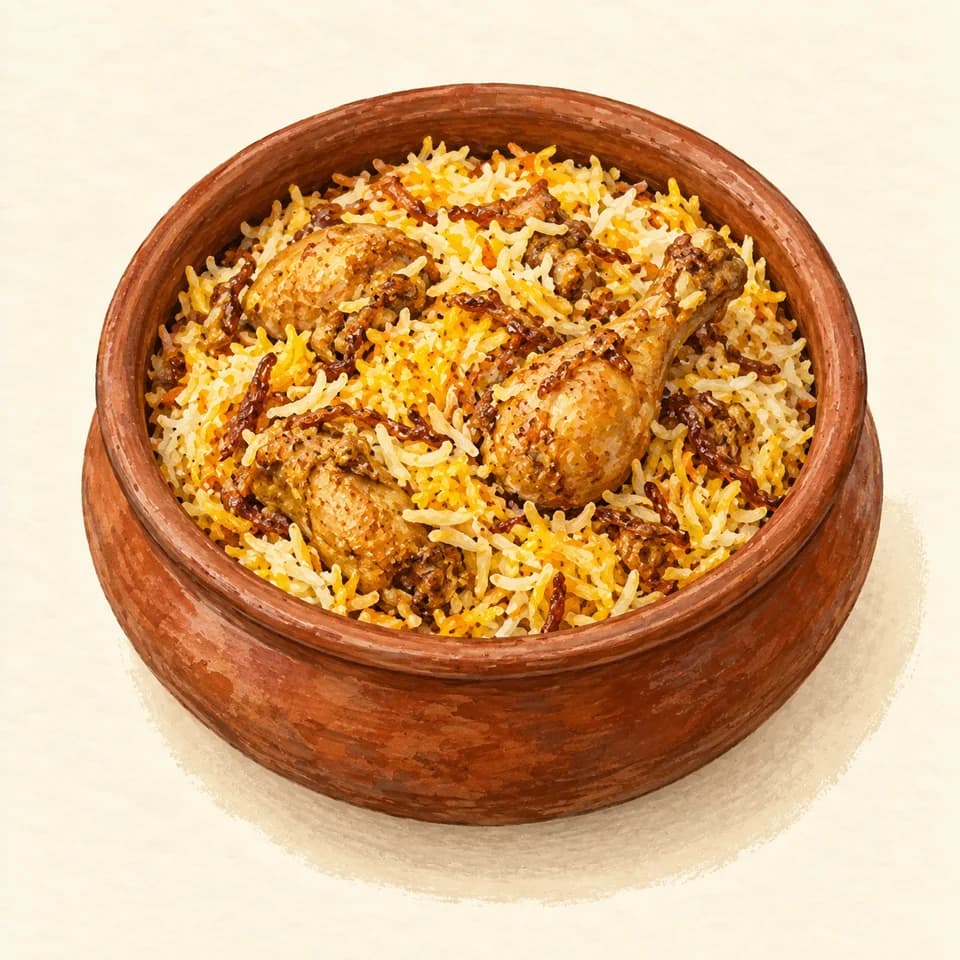 Editorial illustration of Murgh Hyderabadi biryani at Gazebo