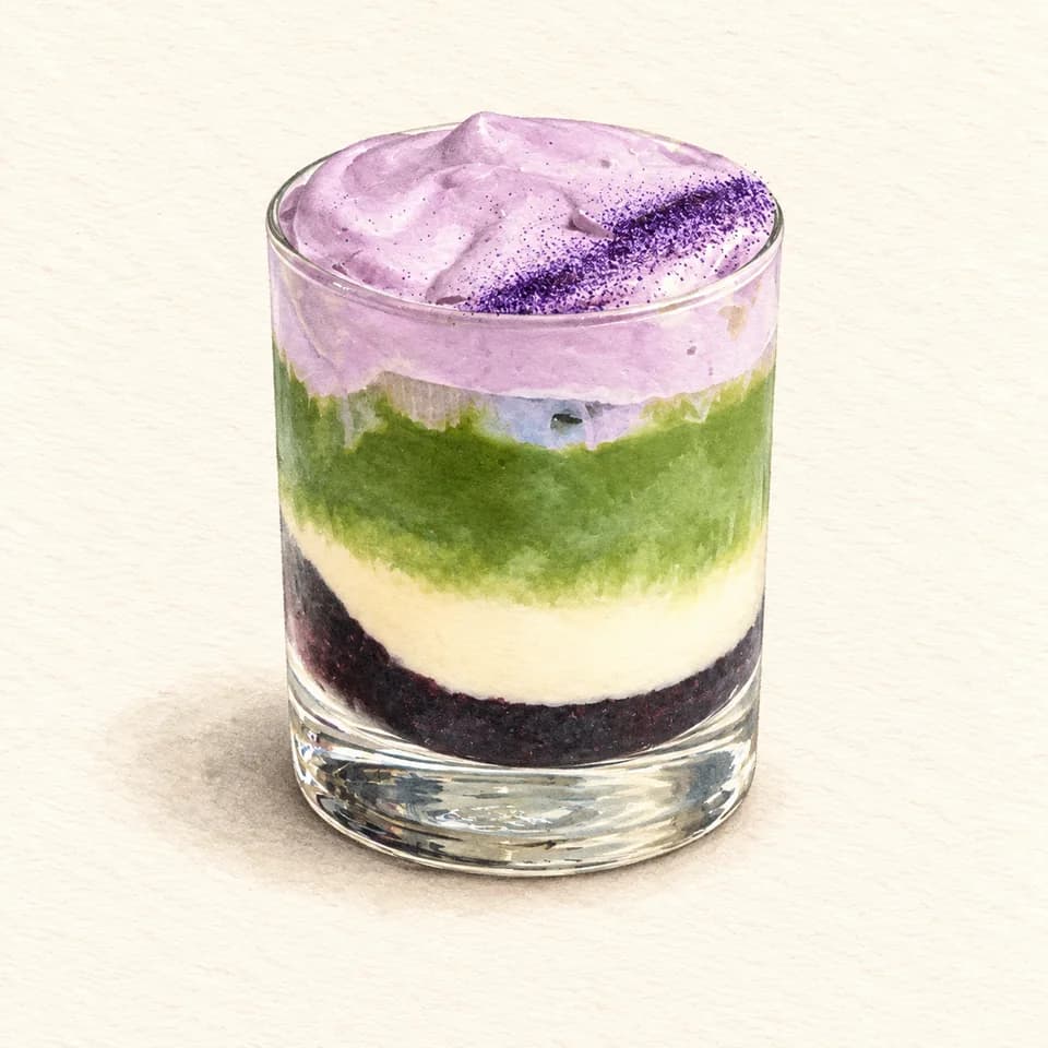 Editorial illustration of Blueberry Jam Matcha with Ube Cloud at Half Cup