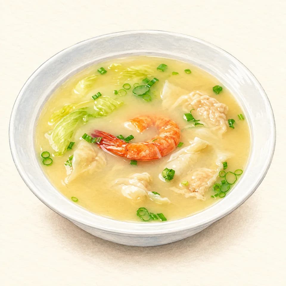 Editorial illustration of Shrimp and Chicken Wonton Soup at Han Cuisine