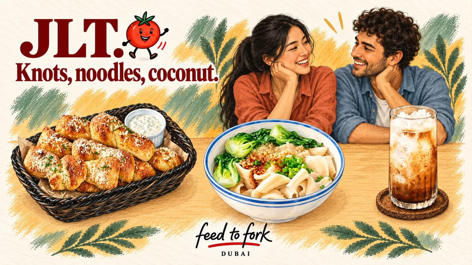 Editorial illustration · JLT: garlic knots, wide noodles and coconut coffee