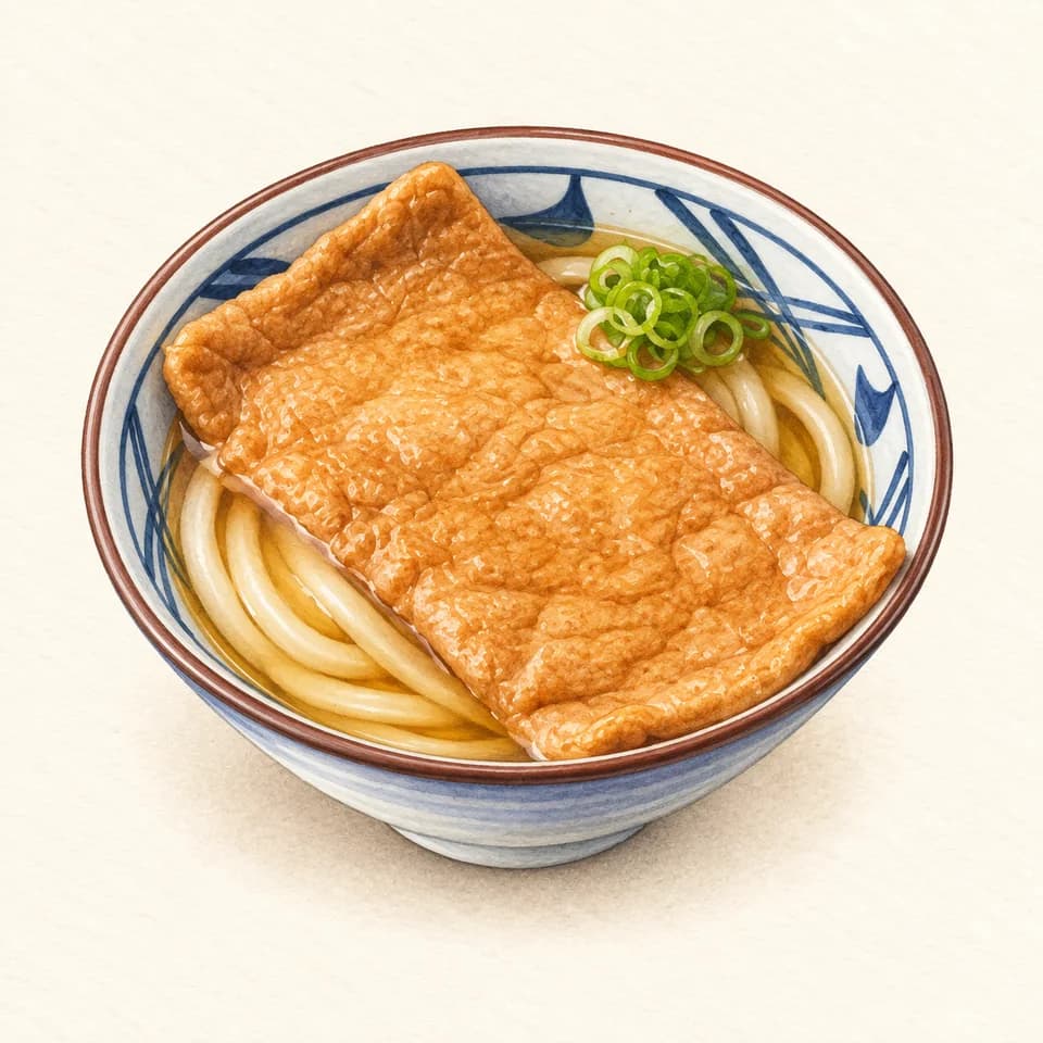 رسم توضيحي لطبق كيتسوني أودون في Marugame Udon