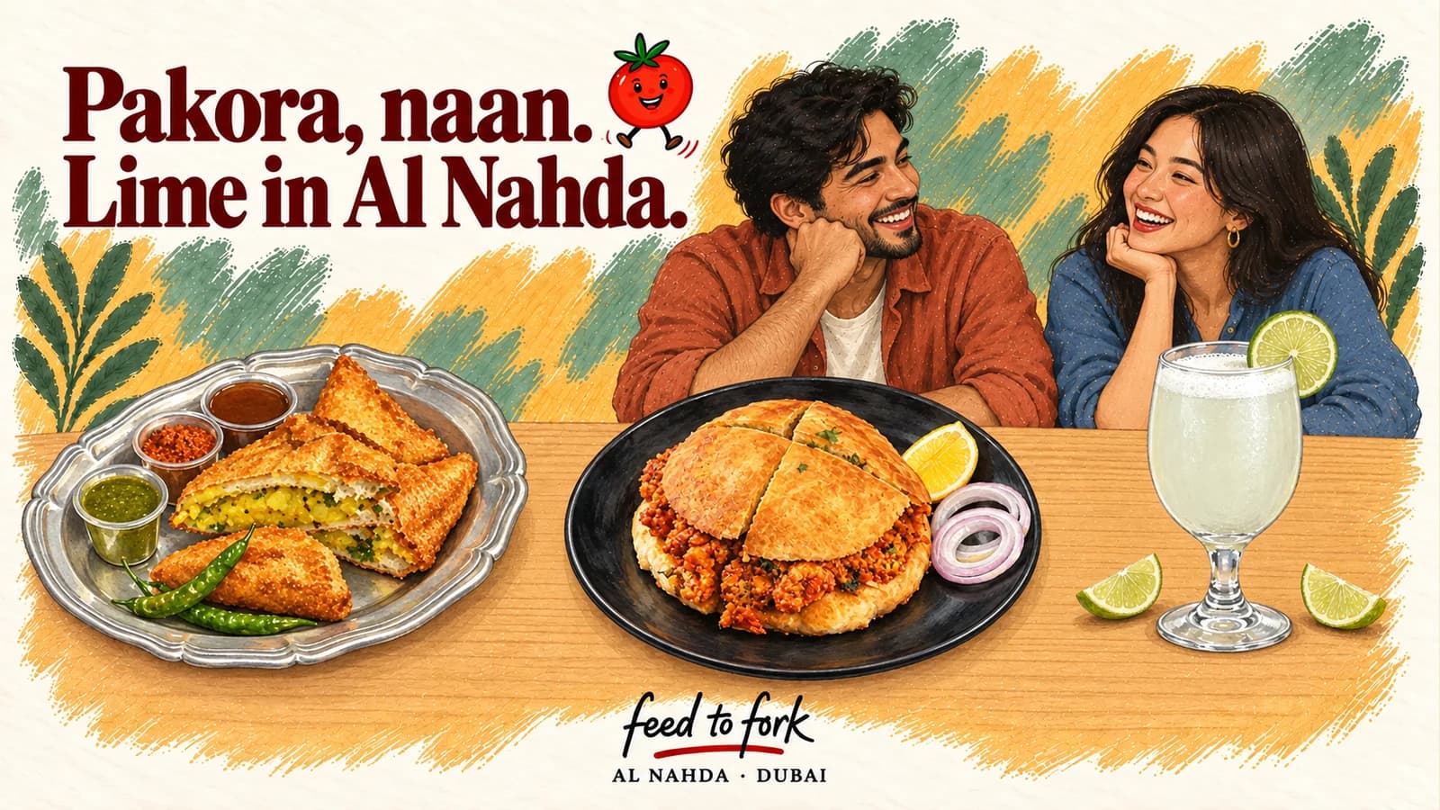 رسم توضيحي · النهدة: خبزان محشوان وصودا الليمون