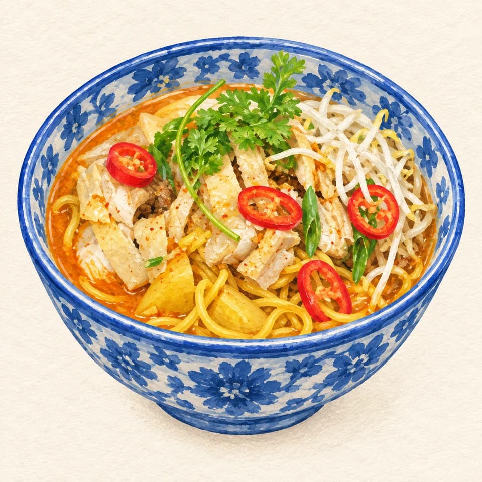 Editorial illustration of Curry Chicken Noodles · Oriental Dining