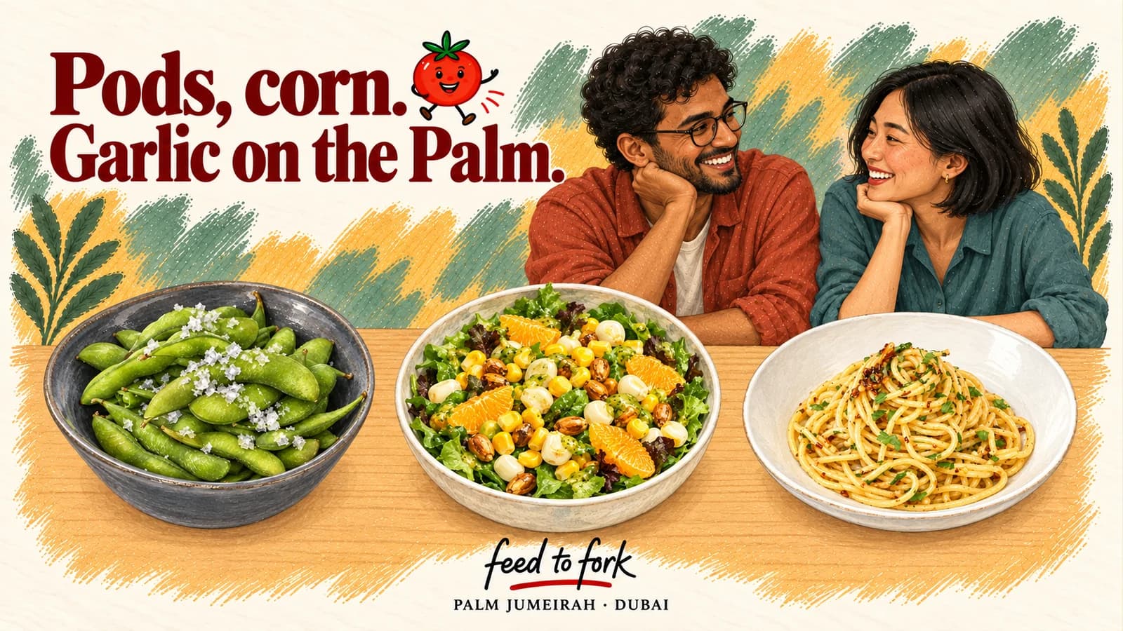 Editorial illustration · Depachika: Pods, Corn & Garlic Pasta