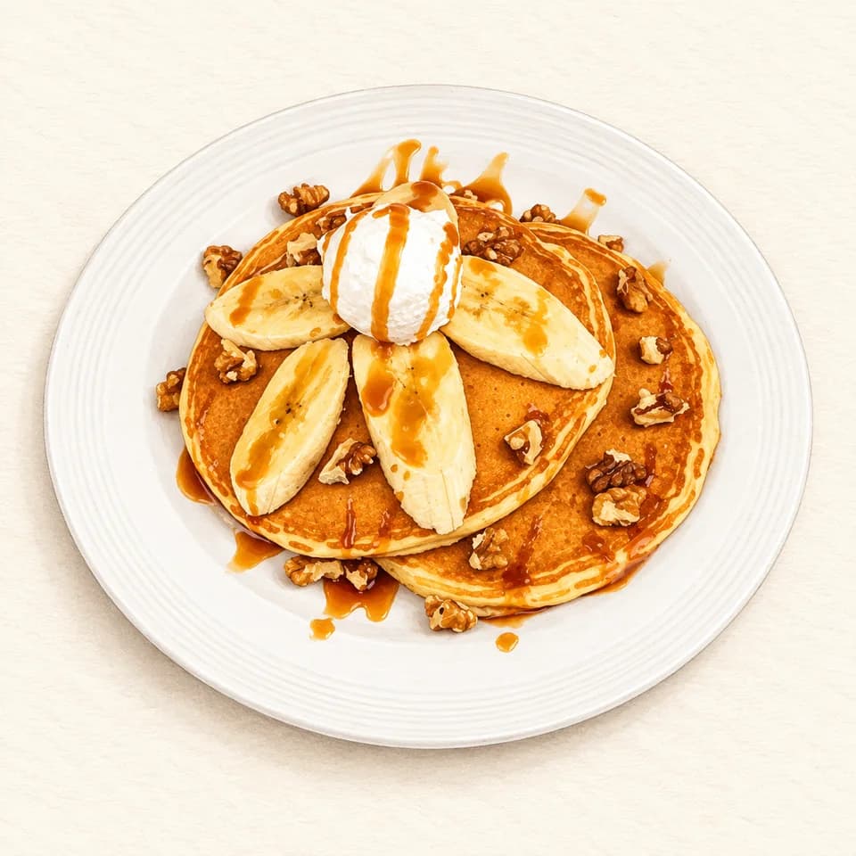 Editorial illustration of Caramel Banana Walnut Pancakes at Pancake House