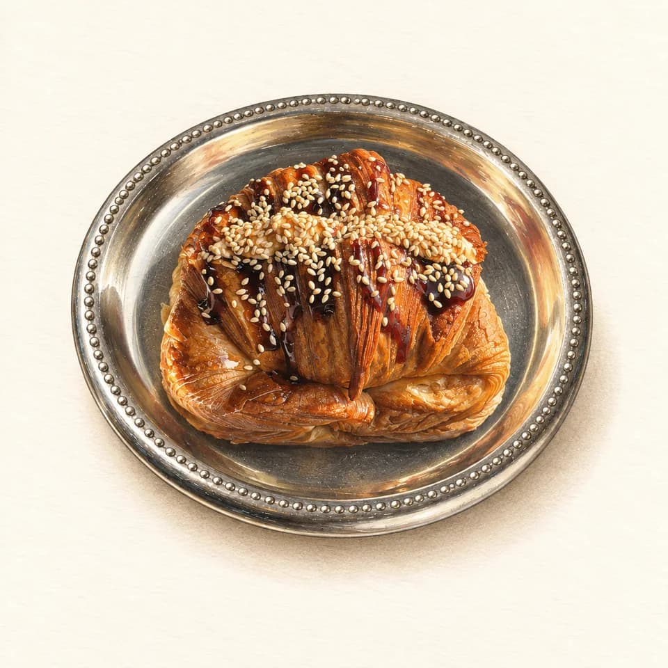 Editorial illustration of Medialuna with Cheese and Date Syrup at Pancita Bakery