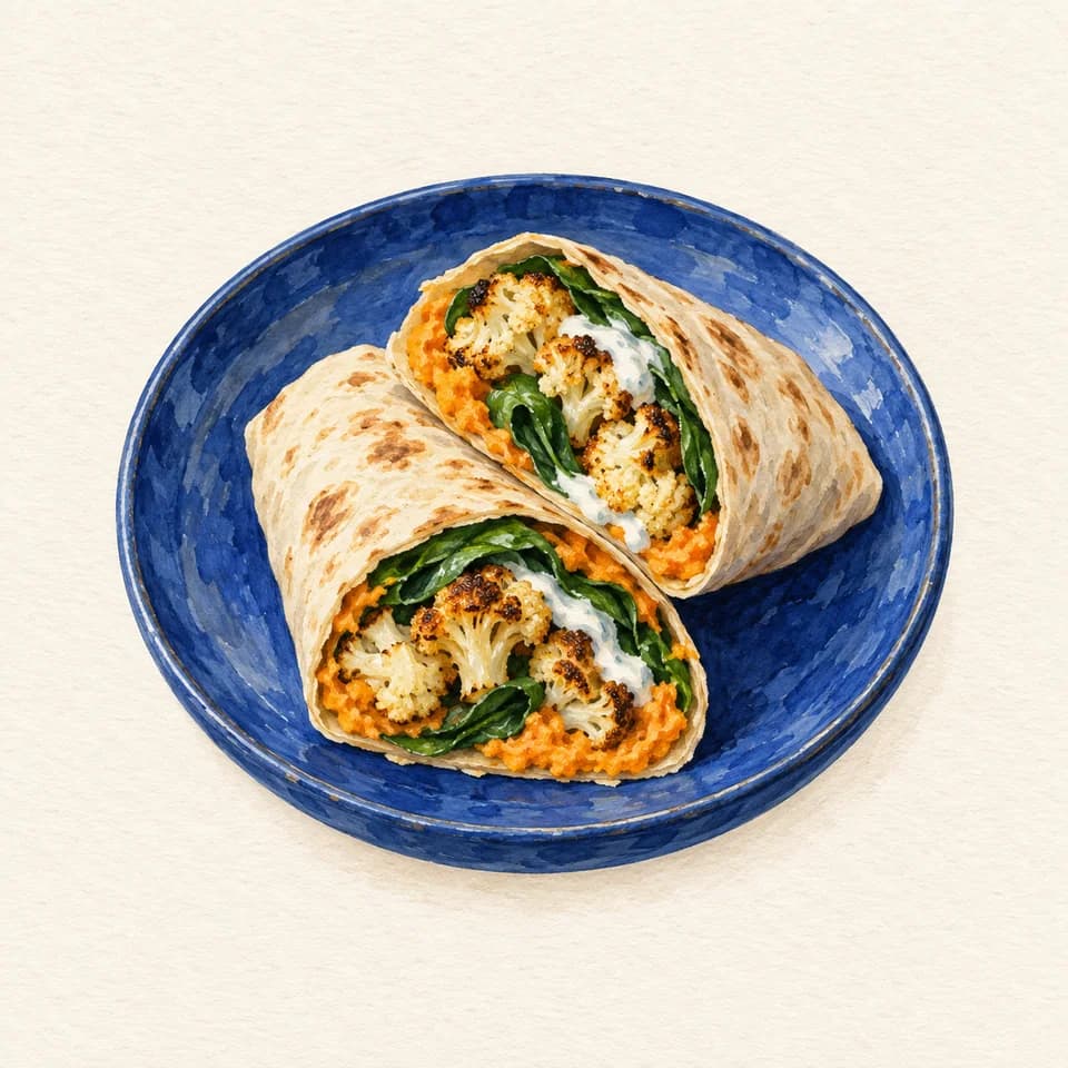 Editorial illustration of Roasted Cauliflower & Sweet Potato Hummus Wrap at Panifico; not a venue photograph