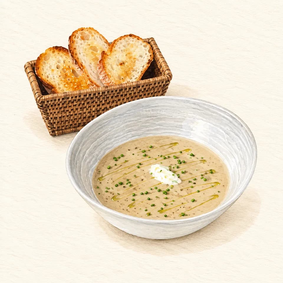 Editorial illustration of Wild Mushroom Soup at Risen Café & Artisanal Bakery