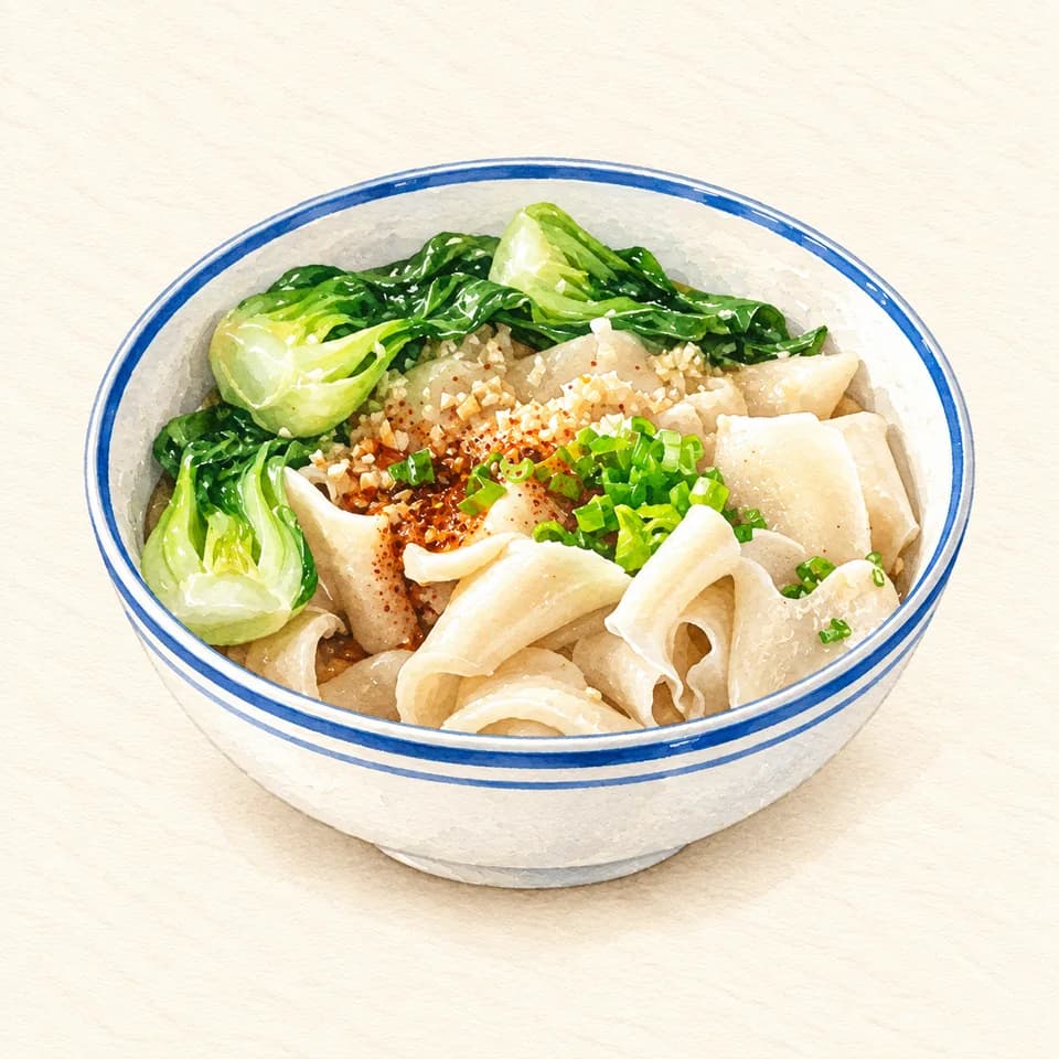 Editorial illustration of Traditional Biang Biang Noodles at San Wan Hand Pulled Noodles