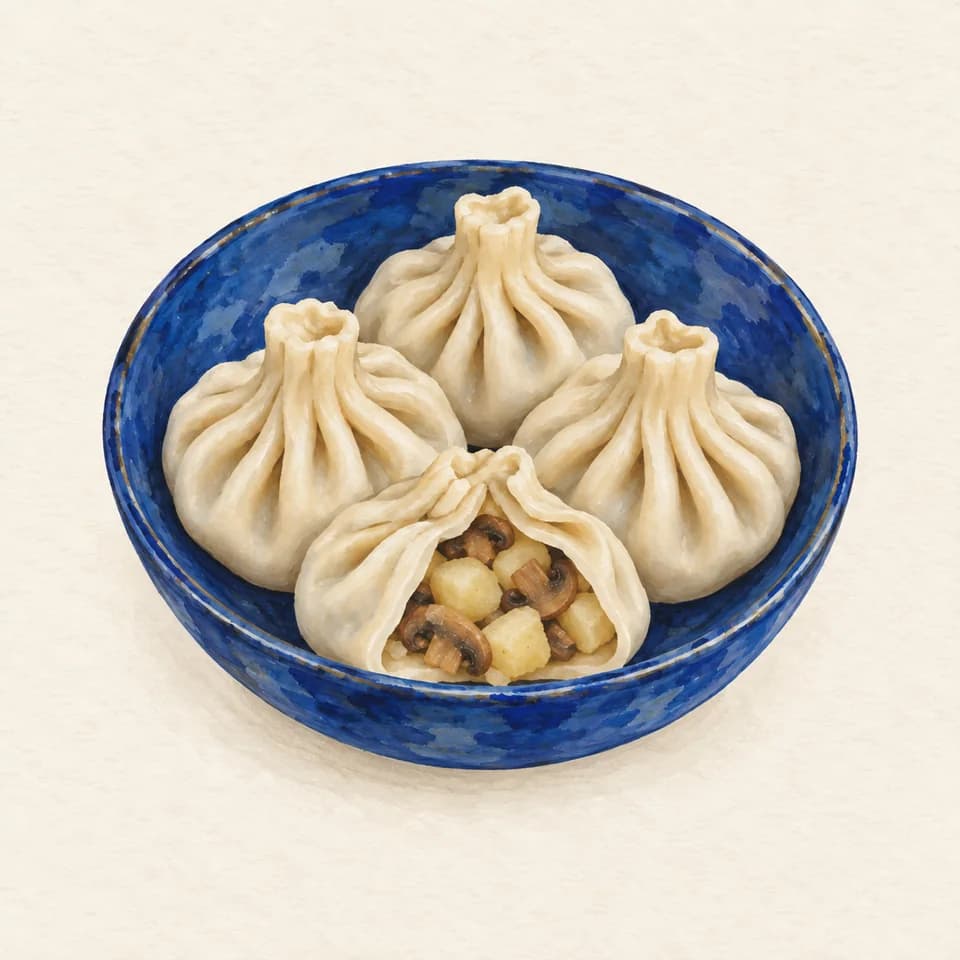 Editorial illustration of Khinkali With Potatoes And Mushrooms at Shvili; not a venue photograph