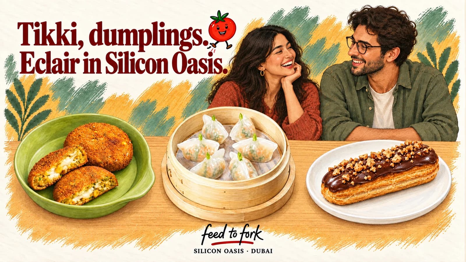 Editorial illustration · Silicon Central: cheese tikki, lotus dumplings and praline