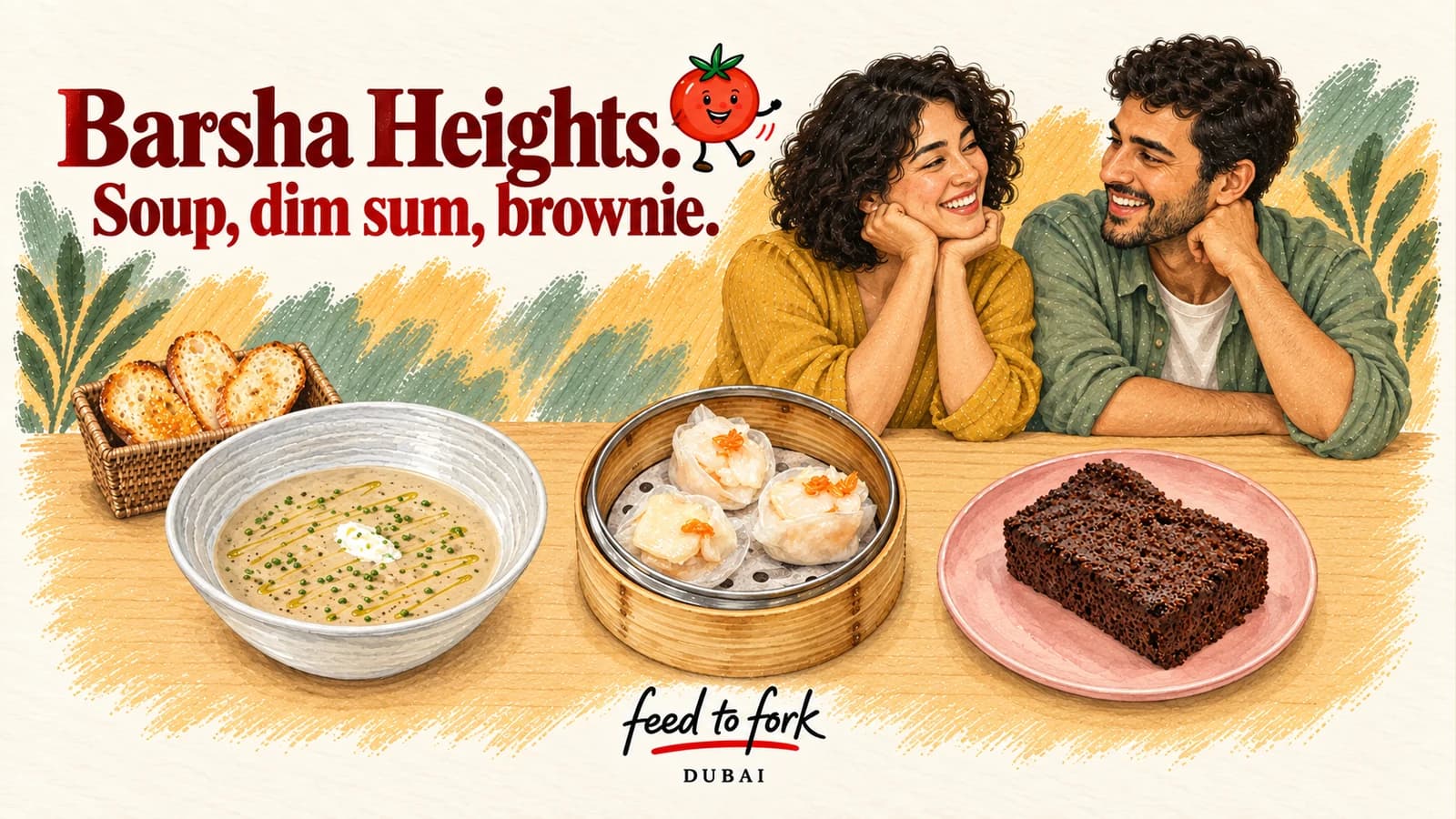 Editorial illustration · Barsha Heights: Soup, Dim Sum & Kale Brownie