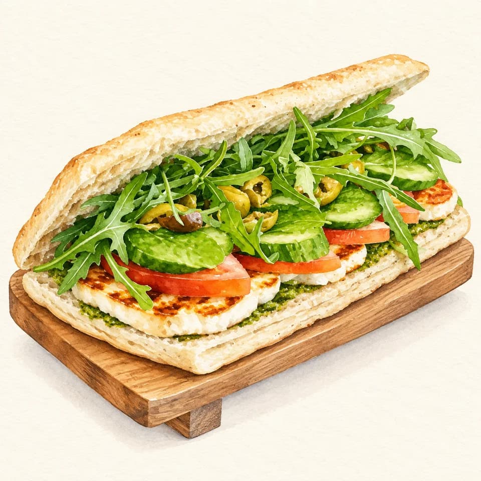 Editorial illustration of Grilled halloumi and wild-herb pesto sandwich at The Name