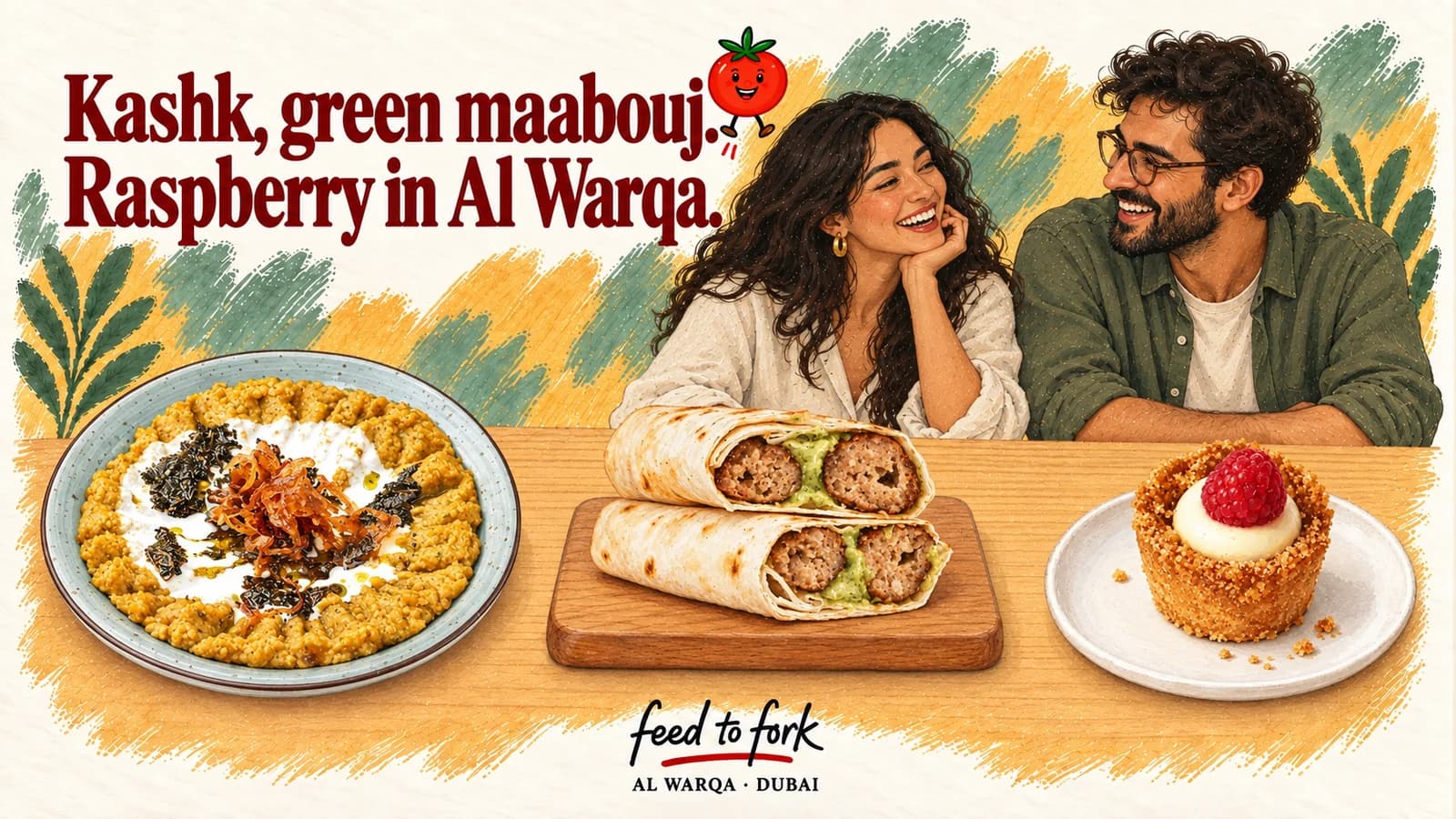 Editorial illustration · Warqa: Eggplant, Green Chilli & Raspberry